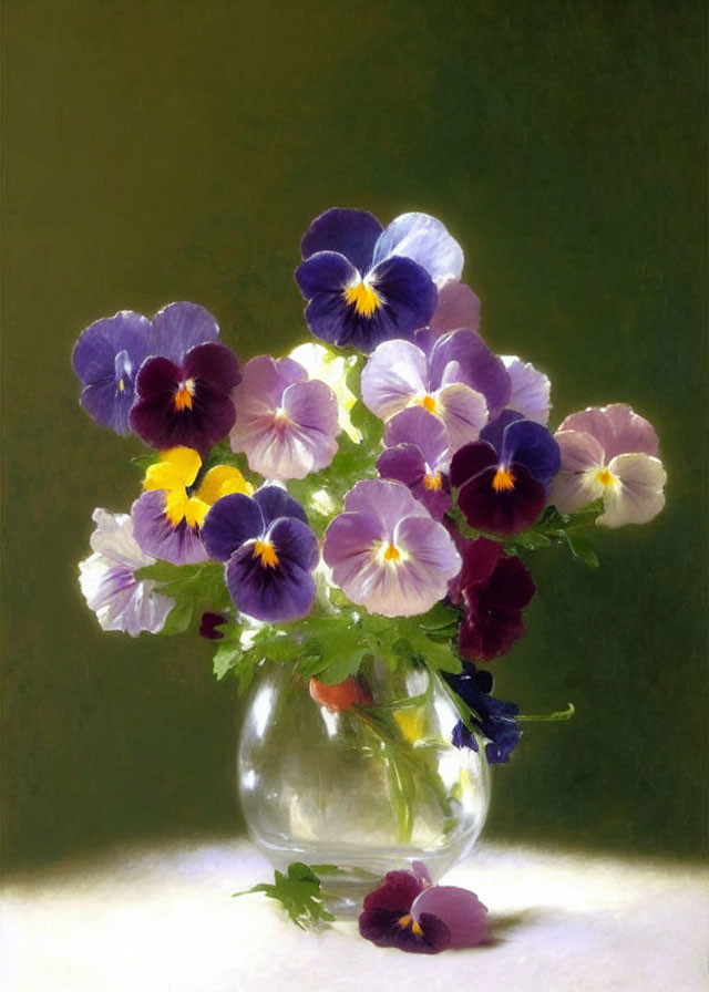 Colorful Pansies in Glass Vase with Green Background