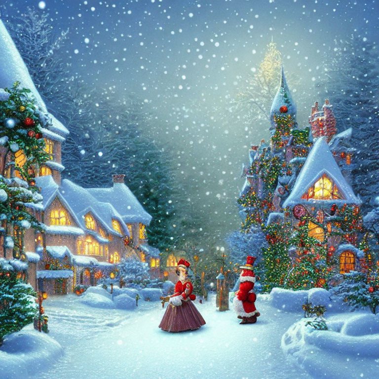 Snowy Winter Village with Snowman, Decorated Houses, and Christmas Tree Gifts