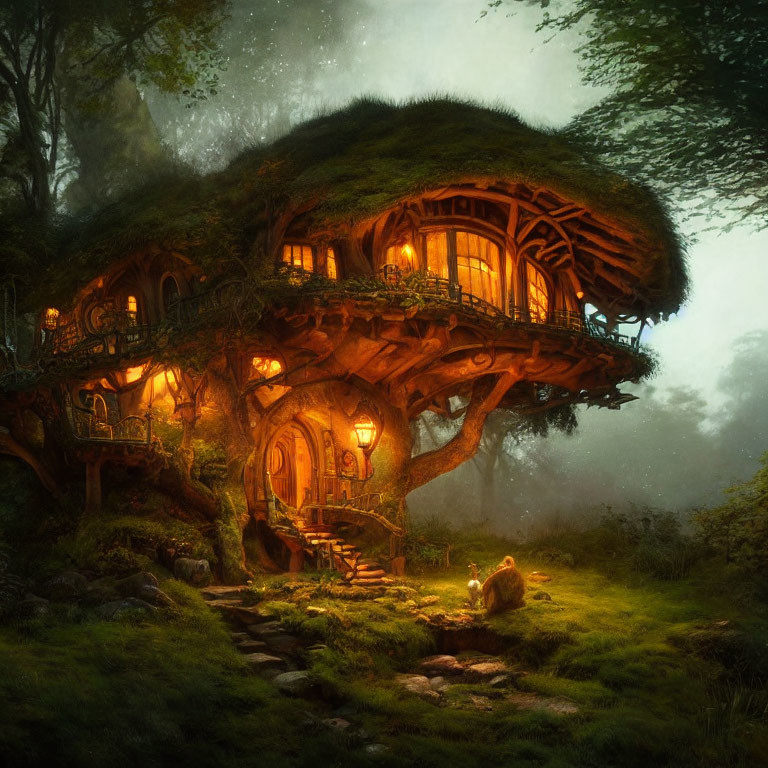 Enchanting illuminated treehouse in mystical forest