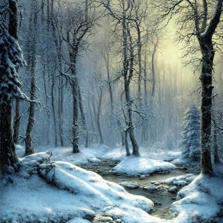 Winter forest scene with stream, sunbeams, mist, trees, and deer