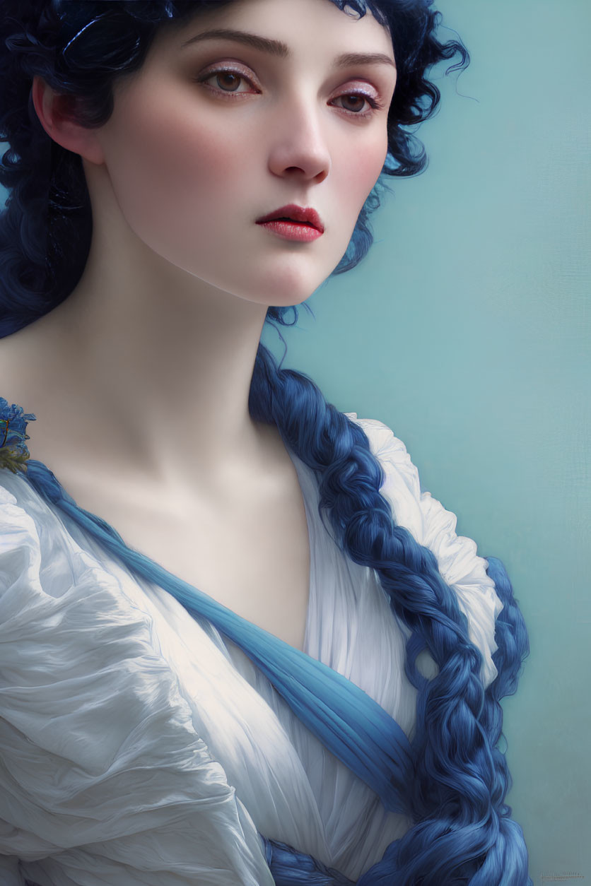 Woman portrait: porcelain skin, red cheeks, blue braided hair, white dress with blue details,