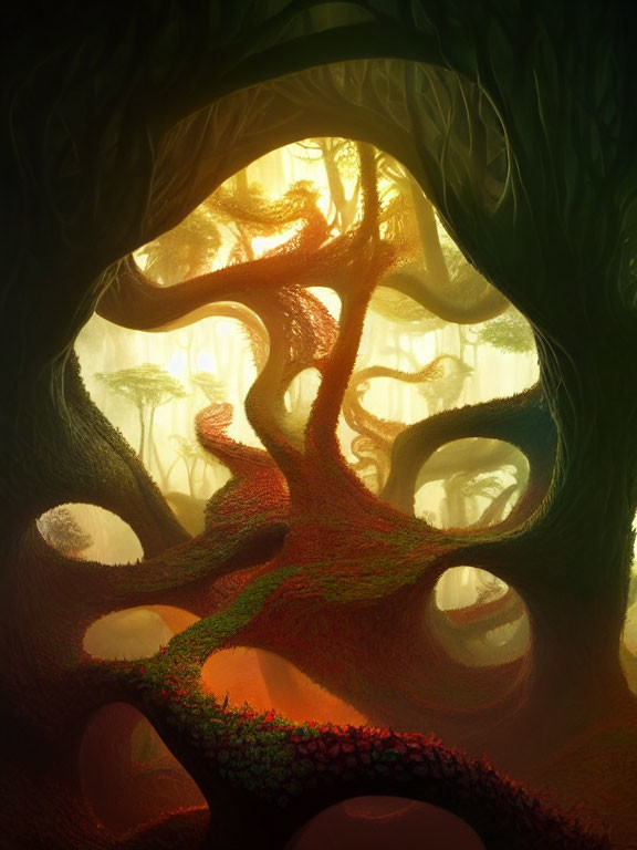 Mystical forest with twisted trees and warm glow