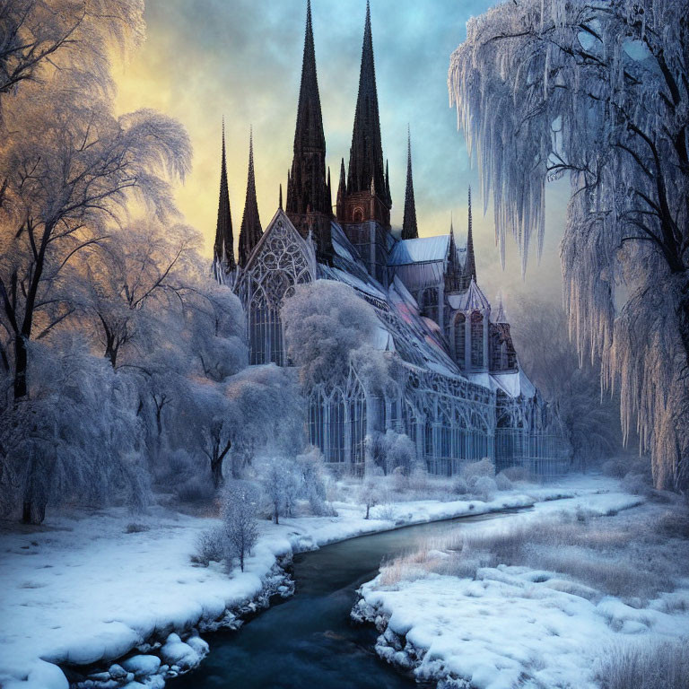 Gothic cathedral in wintry landscape with snow-covered trees and icicles