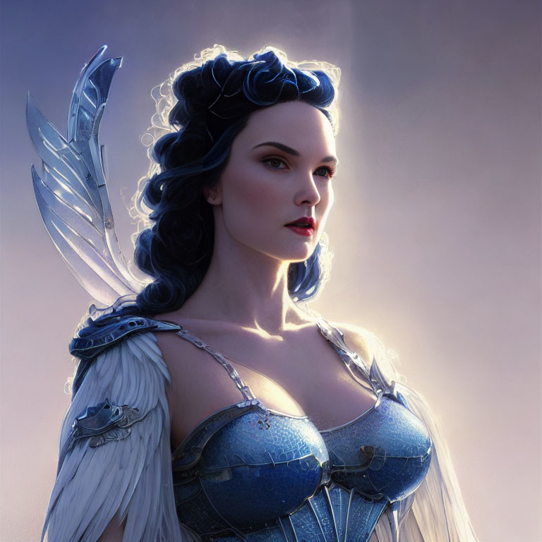 Fantasy warrior woman with blue steel armor and mystical backdrop