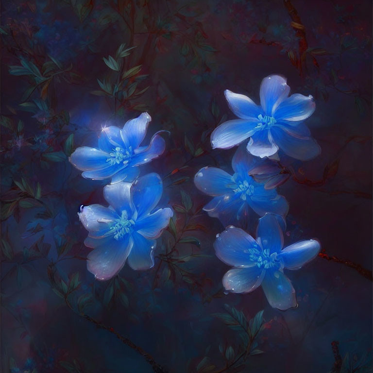 Luminescent blue flowers in moody digital art