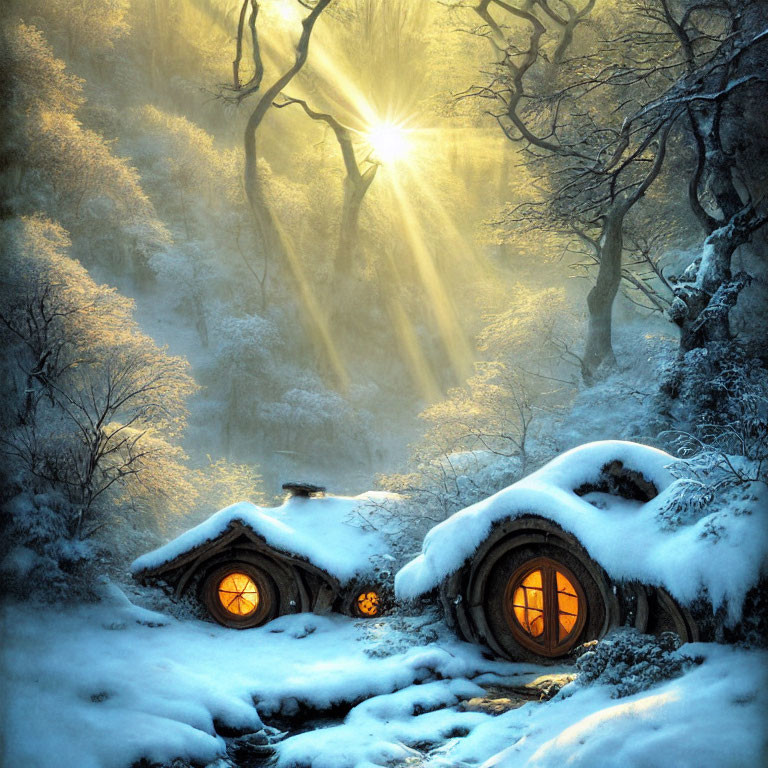 Snow-covered hobbit-style houses in enchanted winter forest