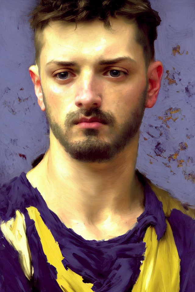 Realistic painting of young man with stern expression and striped garment