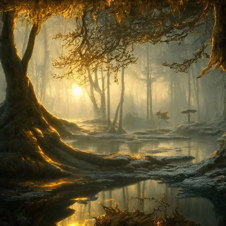 Mystical forest with twisted trees and serene stream in golden sunlight