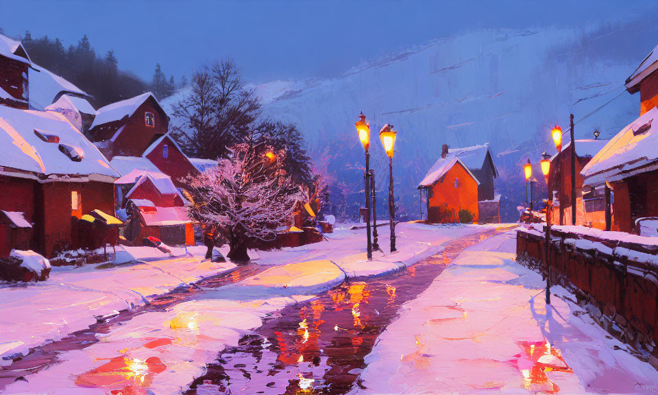 Snowy Evening in Quiet Village: Warm Glowing Lights and Wet Road Reflections