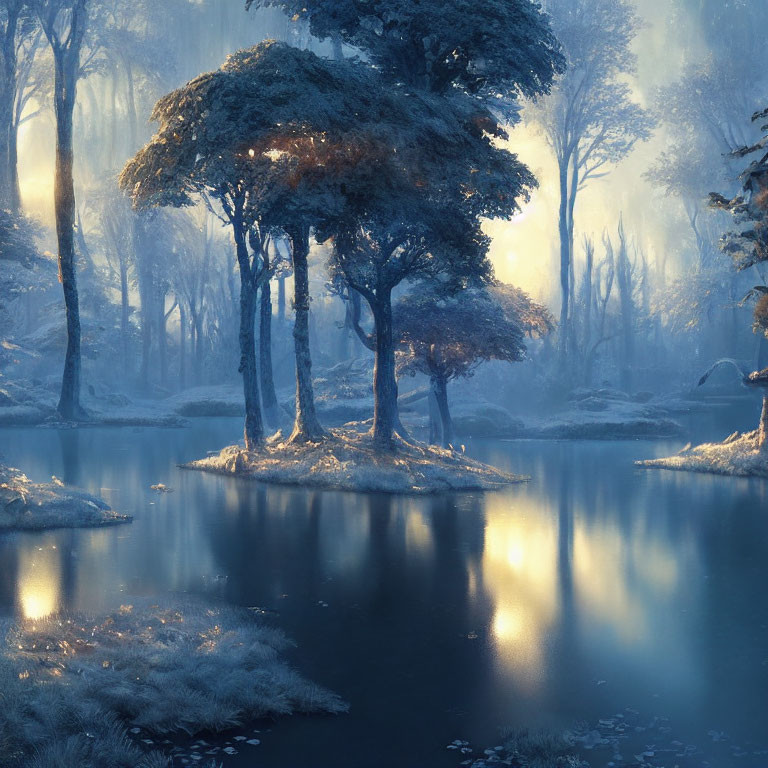 Tranquil Frost-Covered Forest with Misty Light and Twilight Reflections