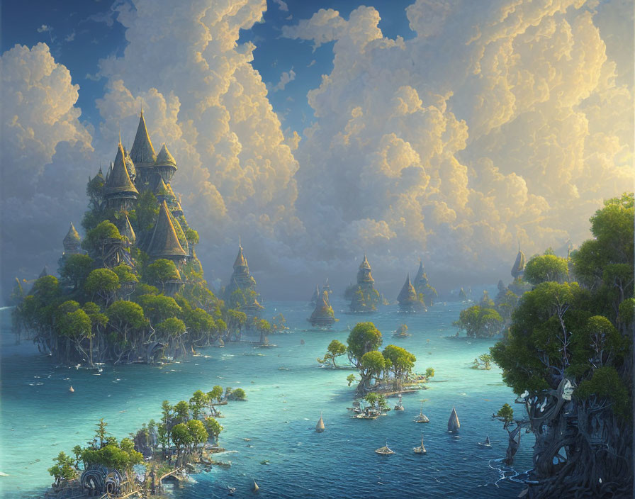 Majestic towers on lush islands in a fantasy landscape