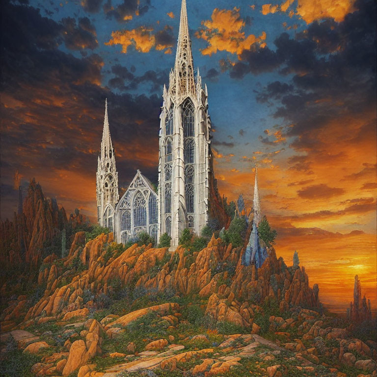 Gothic Cathedral on Rocky Hill at Sunset with Dramatic Sky