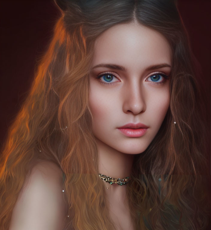 Young woman portrait with blue eyes, wavy hair, delicate necklace, dark background