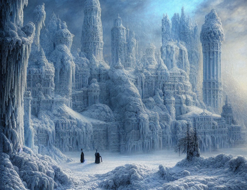 Wintry scene with figures approaching ice city and frozen spires