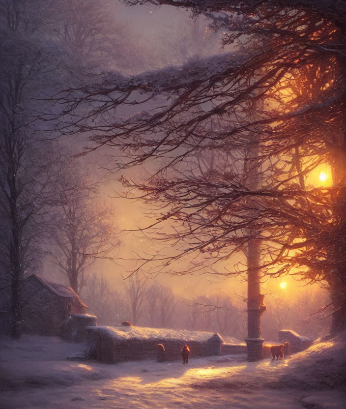 Snowy Twilight Scene: Glowing Lights, Bare Trees, Lamp Post, Deer Silhouettes