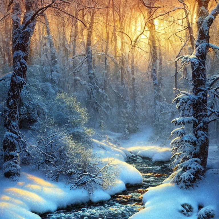 Snow-covered trees and stream in serene winter scene