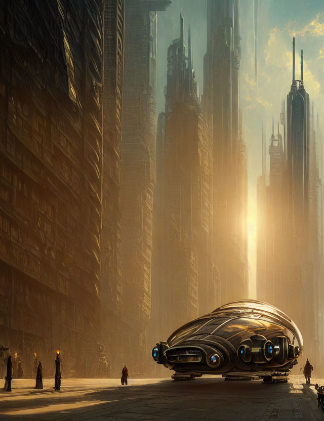 Futuristic cityscape with towering skyscrapers and sleek vehicle, people strolling along avenue