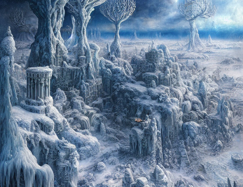 Frozen landscape with icy cliffs, ancient ruins, leafless trees, and distant warm light