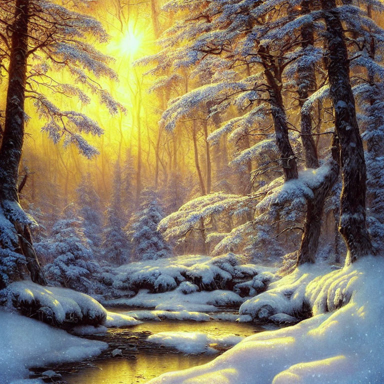 Winter forest scene: Sunlight on snow-covered pine trees by a serene stream