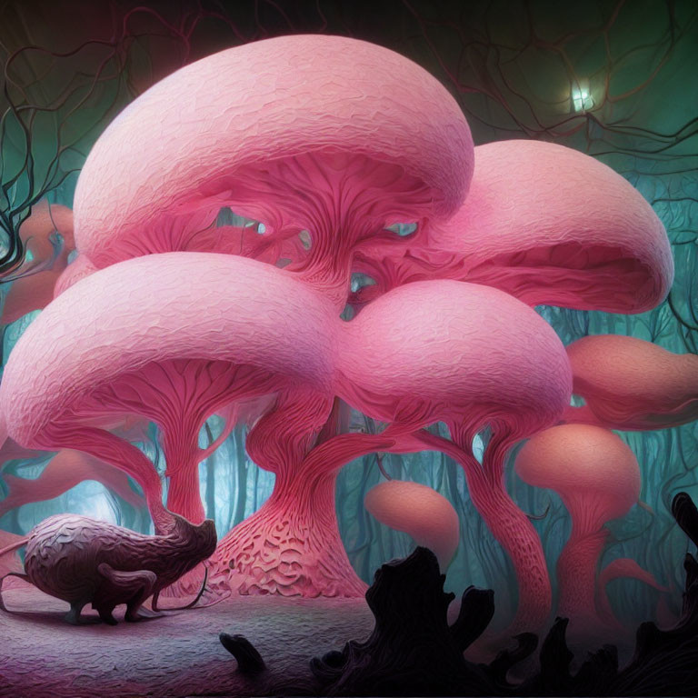 Fantastical image of oversized pink mushrooms in a mystical forest with an armadillo-like creature.