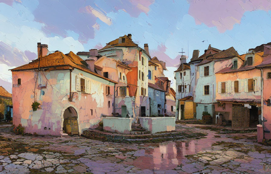 Pastel-colored European buildings around cobblestone square fountain