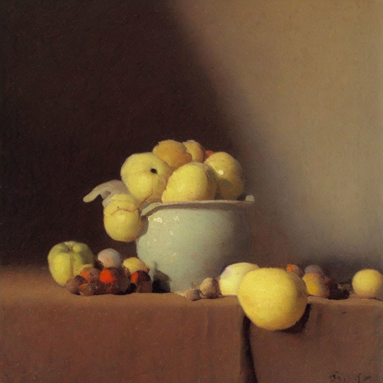 Yellow Lemons Still Life Painting with Bowl and Dark Background