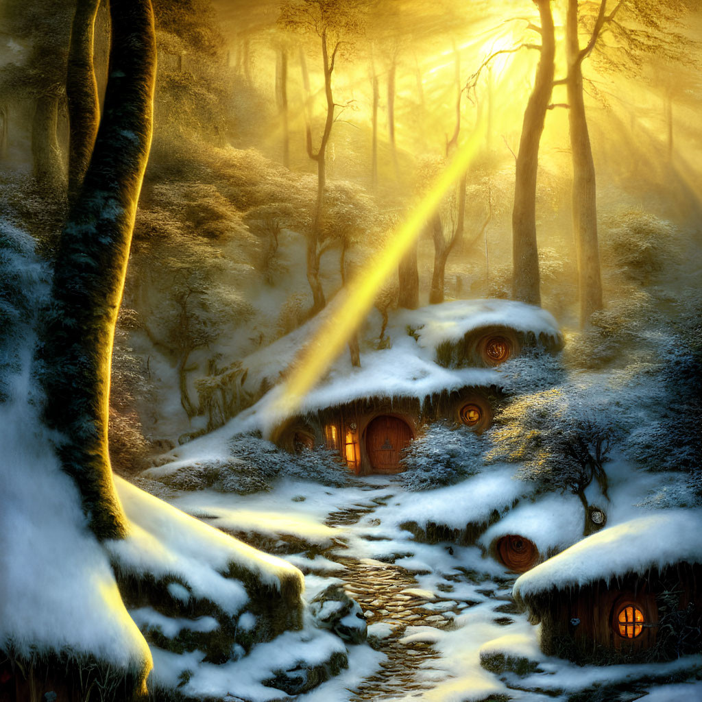 Snowy forest with hobbit-like houses in golden sunlight