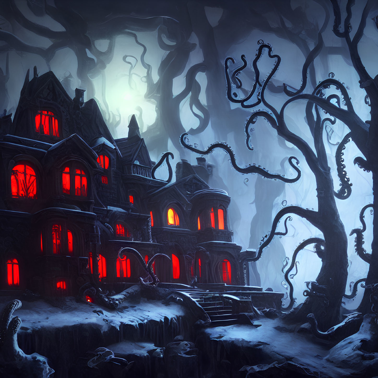 Gothic-style Haunted House with Eerie Red Windows and Twisted Trees