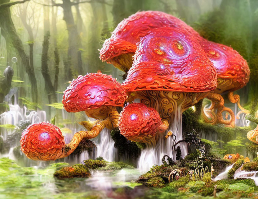 Fantasy artwork of oversized red mushrooms in misty forest