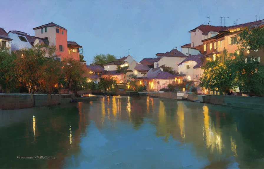 Tranquil river at twilight with illuminated houses and green trees