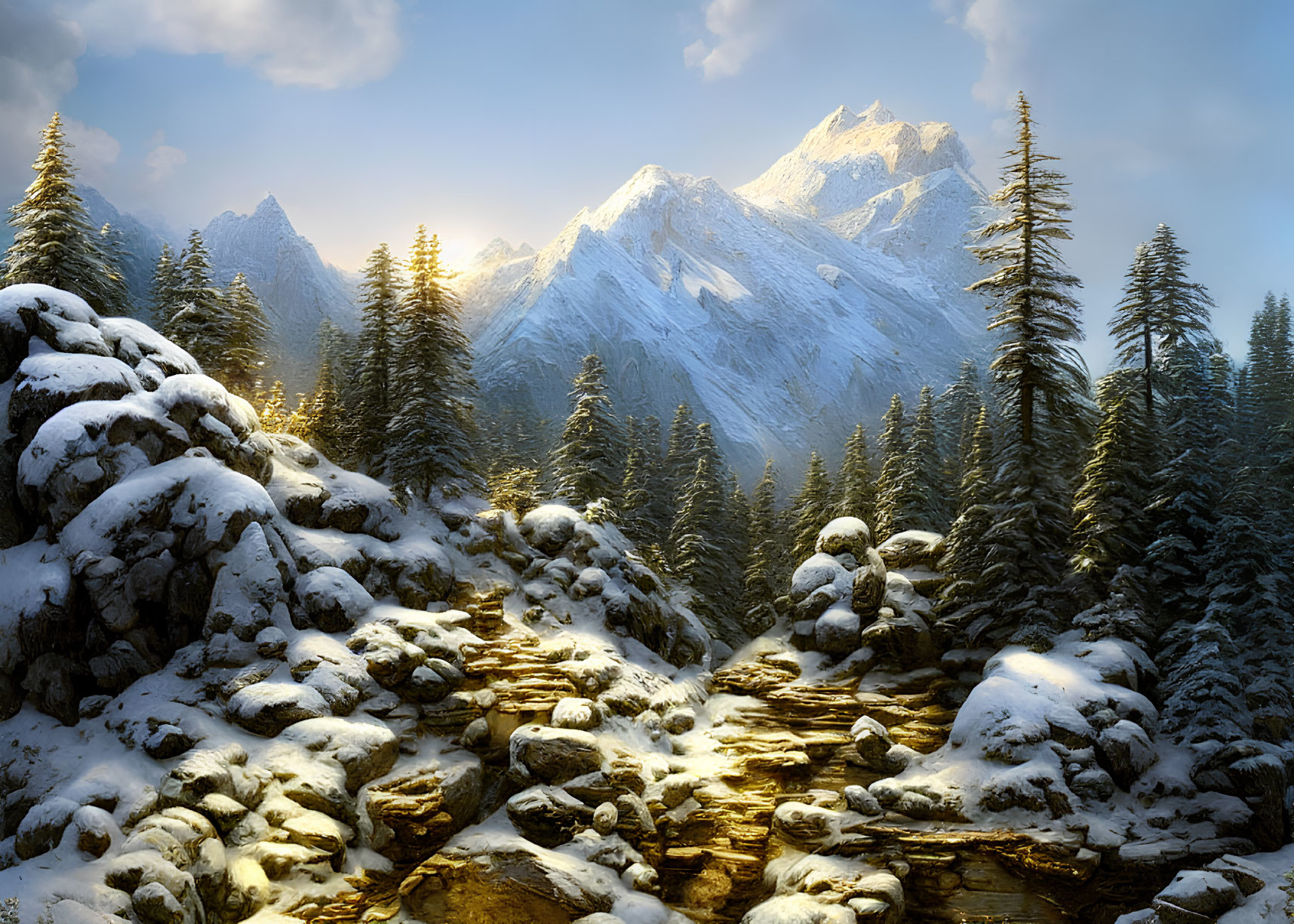 Snowy Winter Landscape with Trees, Stream, and Mountains