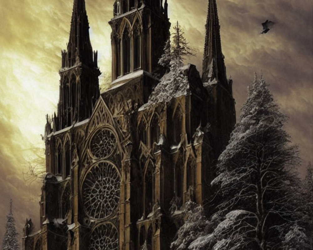 Gothic Cathedral with Spires in Snowy Landscape