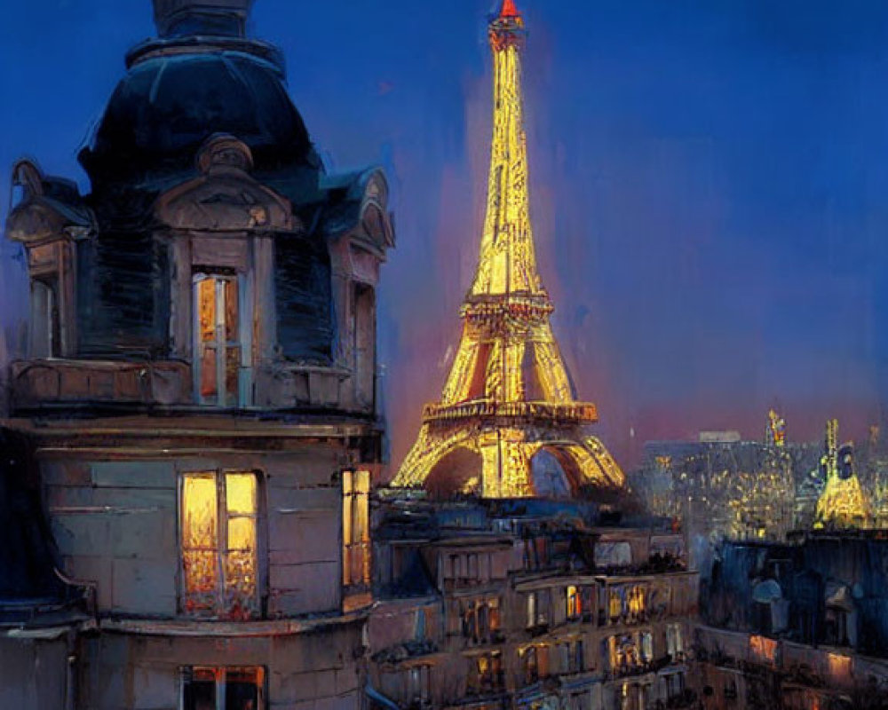 Twilight view of illuminated Eiffel Tower from old building window