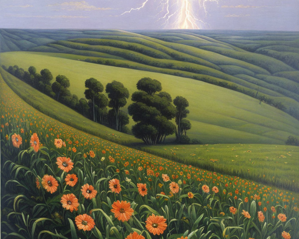 Colorful landscape painting: green fields, trees, flowers, lightning strike