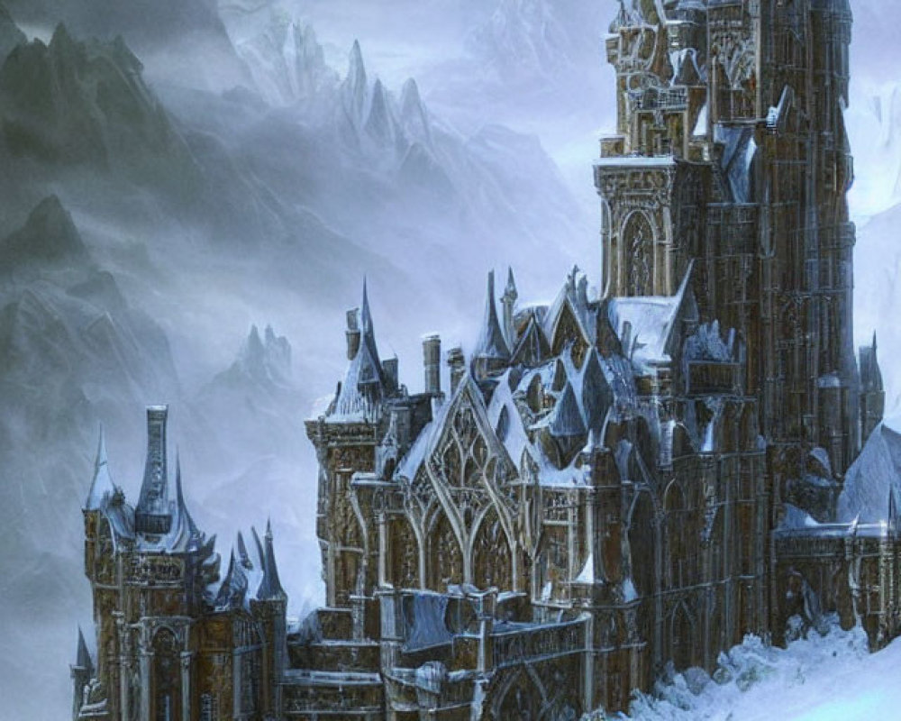 Gothic castle on snowy cliffs with misty mountains