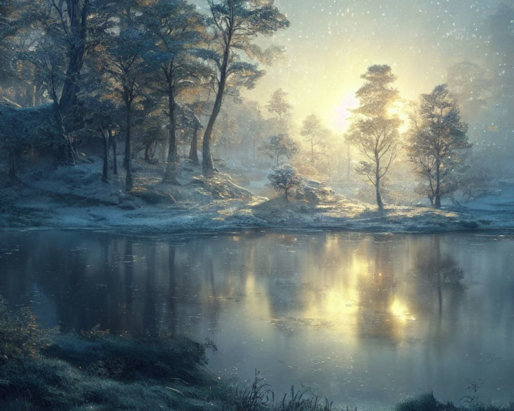 Tranquil Winter Forest with Snowy Sunrise