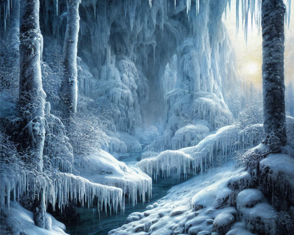 Snowy Cave Landscape with Icicles and Sunlight Glow