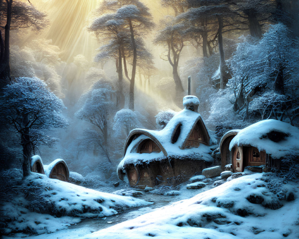 Snow-covered forest with fairy-tale houses and sun rays piercing mist.