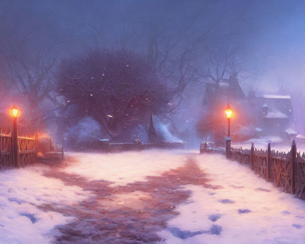 Snowy Twilight Village Scene with Glowing Lamps and Mist