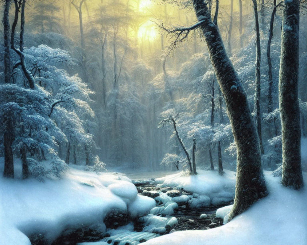 Snow-covered winter forest with stream under golden sunlight