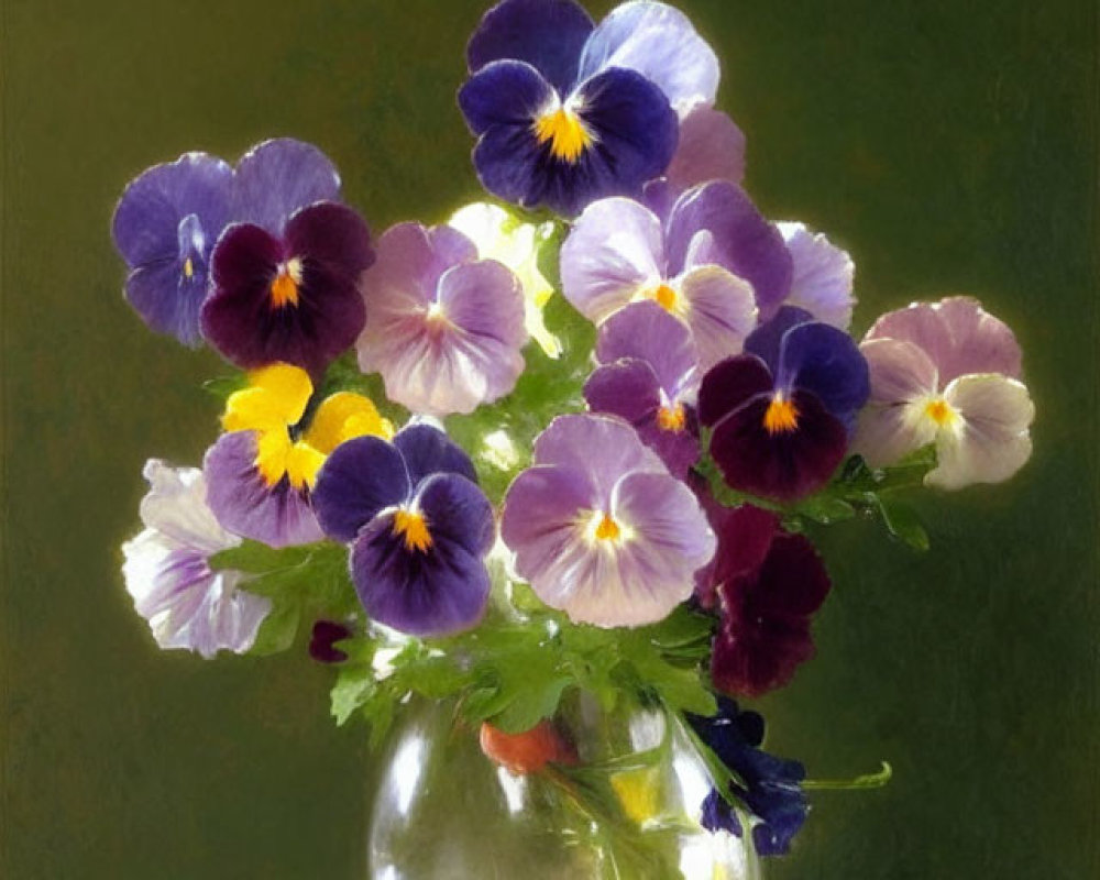 Colorful Pansies in Glass Vase with Green Background