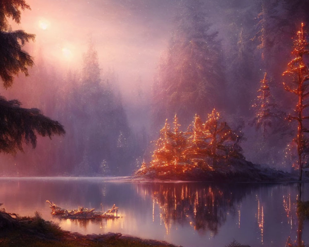 Glowing sunrise over forested lake with boat