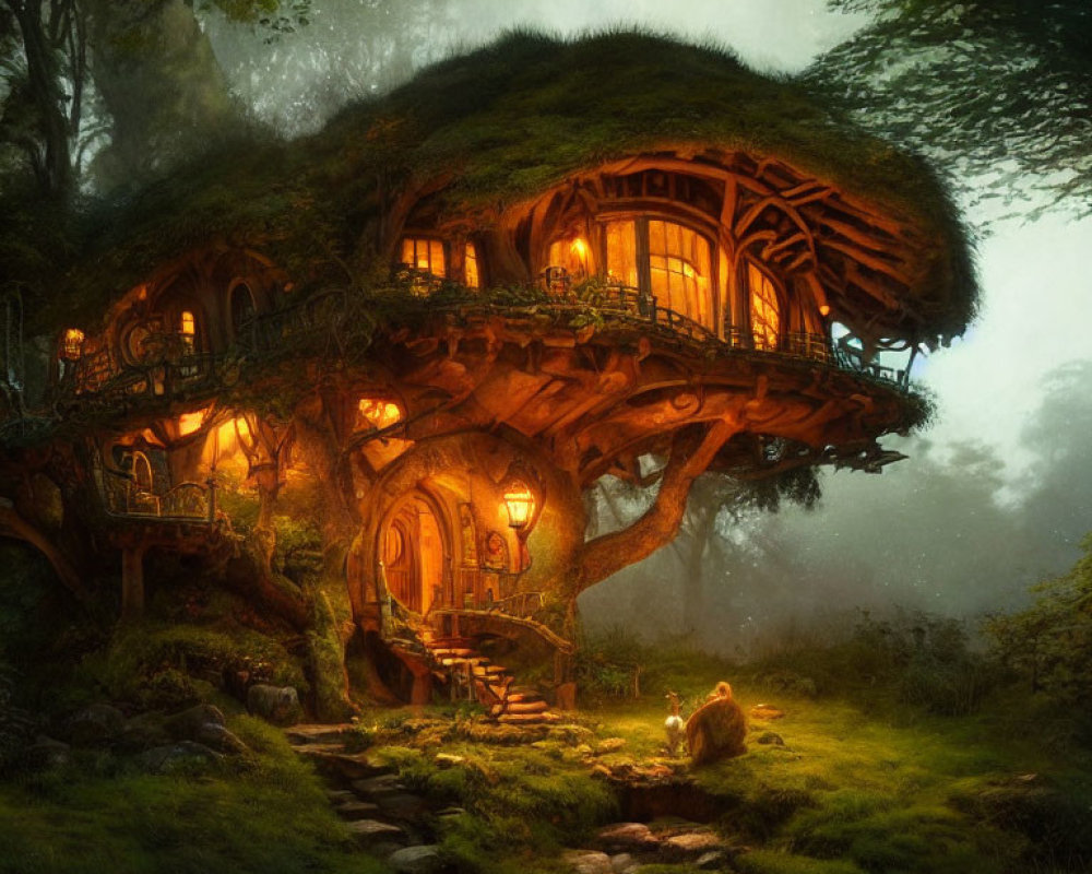 Enchanting illuminated treehouse in mystical forest