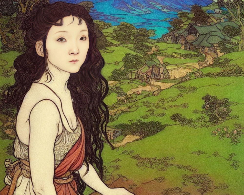 Illustration of woman with pale skin and dark hair in stylized landscape