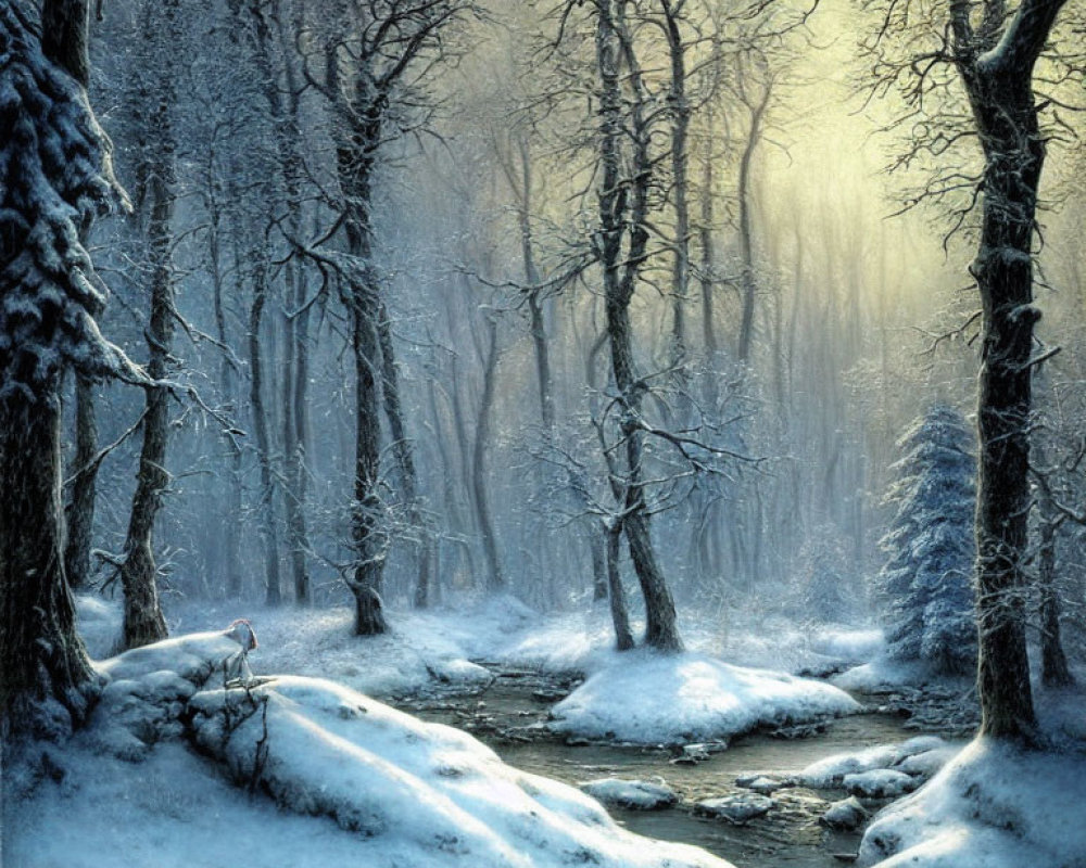 Winter forest scene with stream, sunbeams, mist, trees, and deer