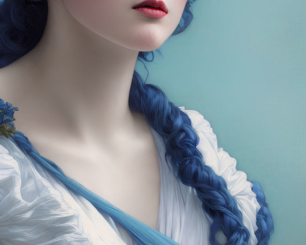 Woman portrait: porcelain skin, red cheeks, blue braided hair, white dress with blue details,