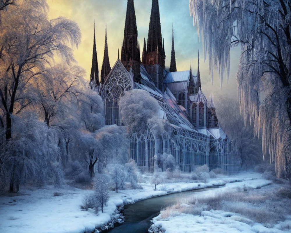 Gothic cathedral in wintry landscape with snow-covered trees and icicles