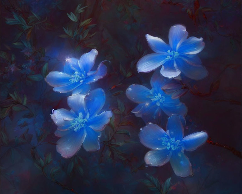 Luminescent blue flowers in moody digital art