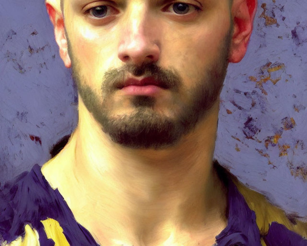 Realistic painting of young man with stern expression and striped garment