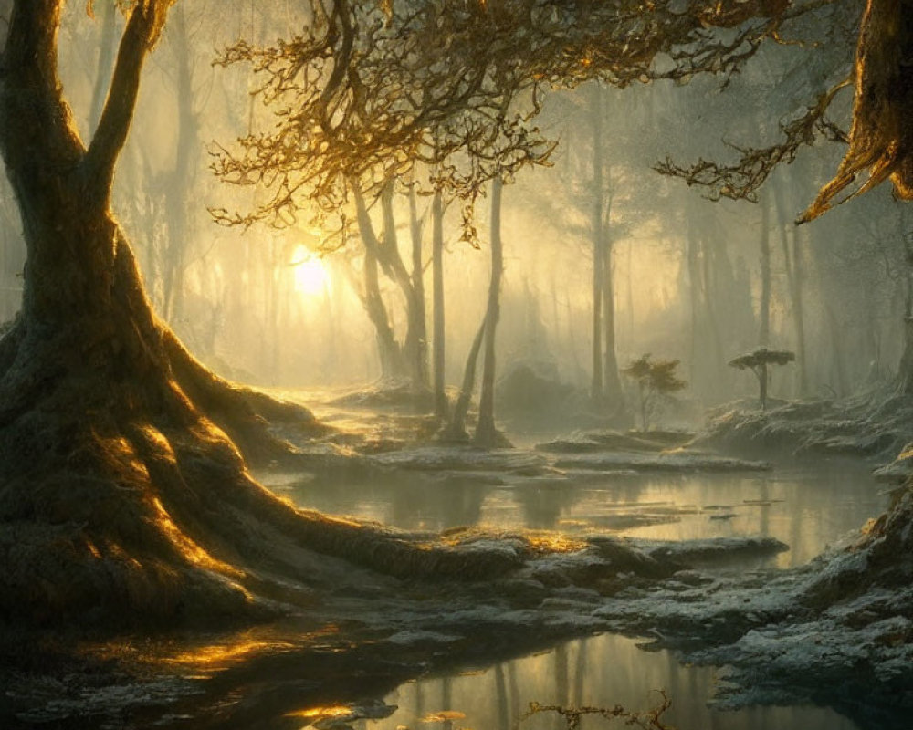 Mystical forest with twisted trees and serene stream in golden sunlight